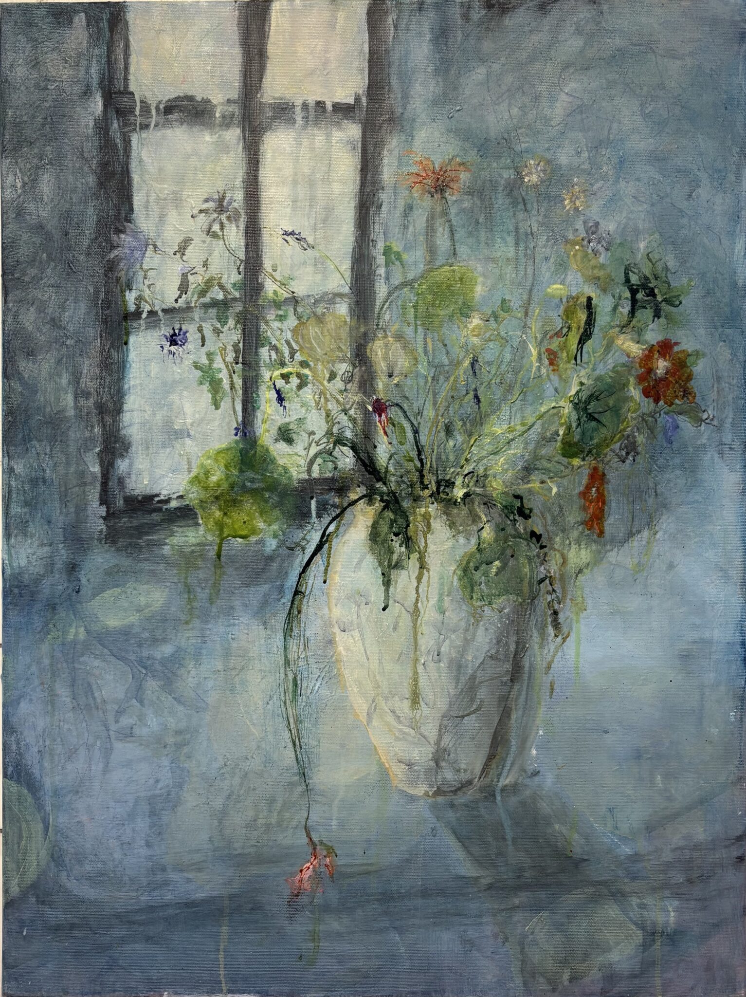 Vindue med vase I 80 x 60, akryl, tusch grafit på lærred